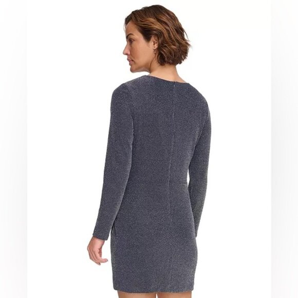 NWT DKNY Metallic-Knit Surplice Ruched Skirt Faux Wrap Mini Silhouette Dress Sz2 - Picture 3 of 16